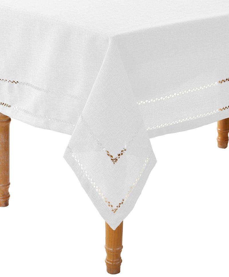 Violet Linen Hem Stitch Embroidered Vintage Design Tablecloth White 68" by 108" Oblong/Rectangle - Image 1